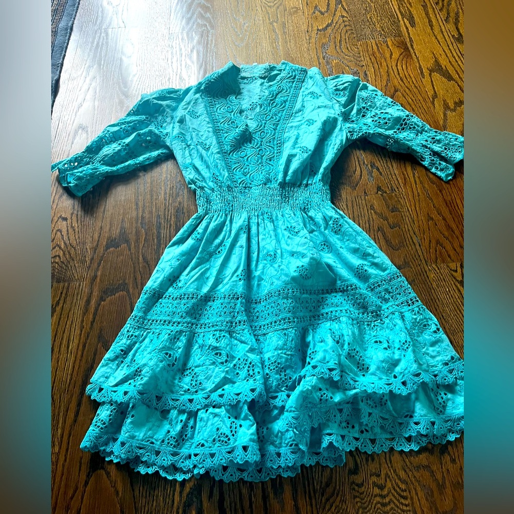 Temptation Positano Teal Eyelet Tiered Long-Sleeve Dress with Smocked Waist